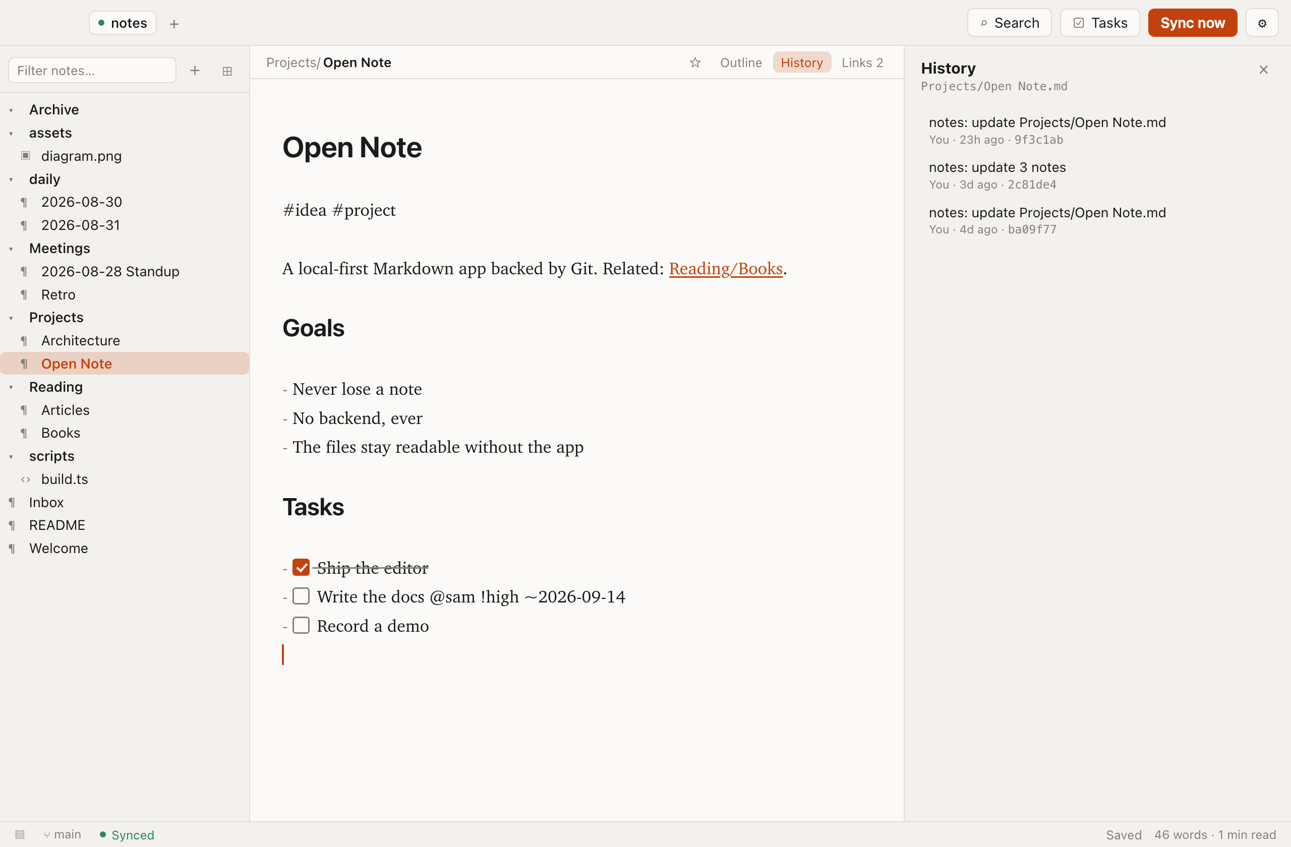 The history panel listing commits that touched the open note, with a diff.