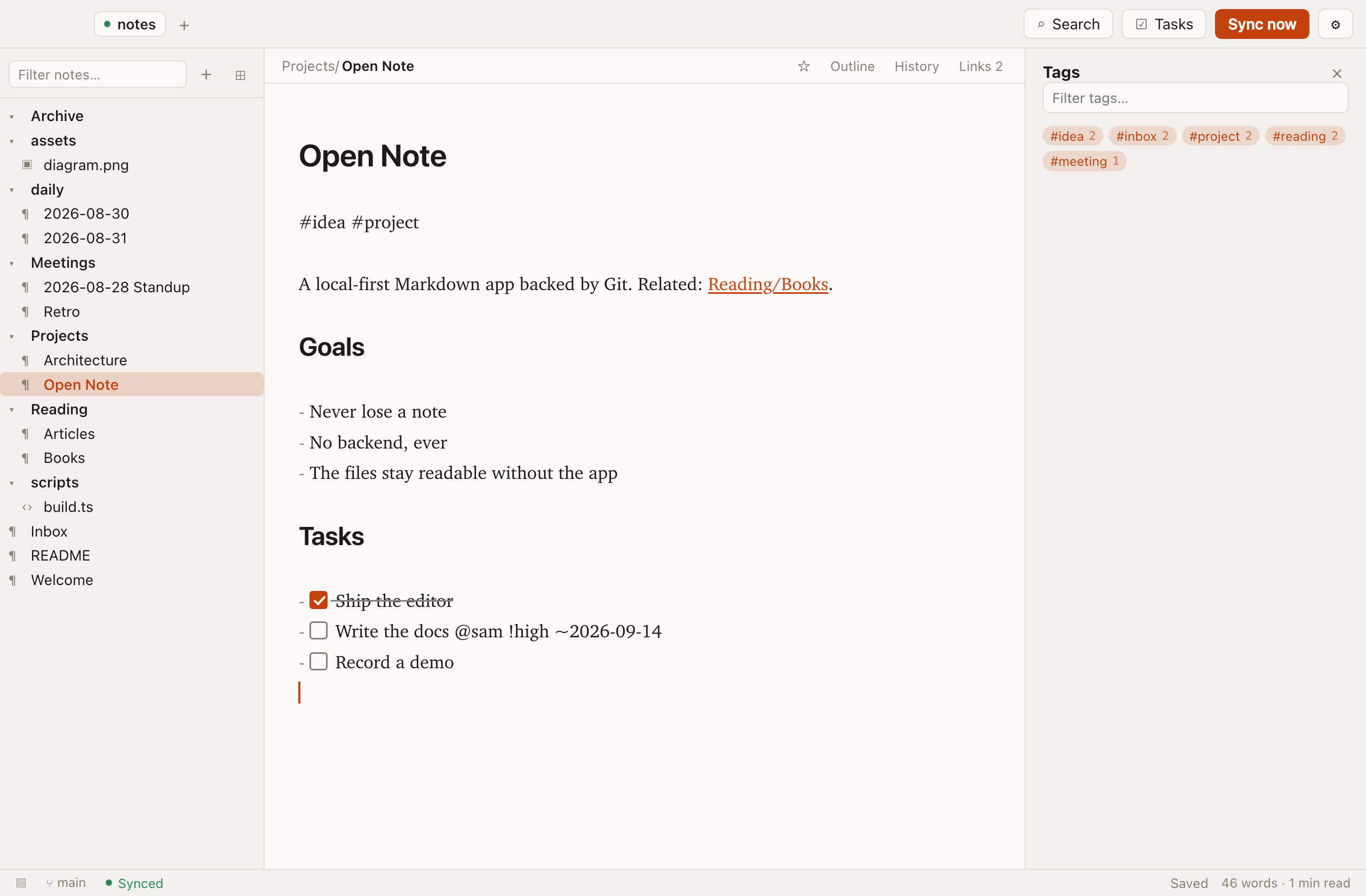 The tag browser open beside a note, listing every tag in the vault with how many notes carry it.
