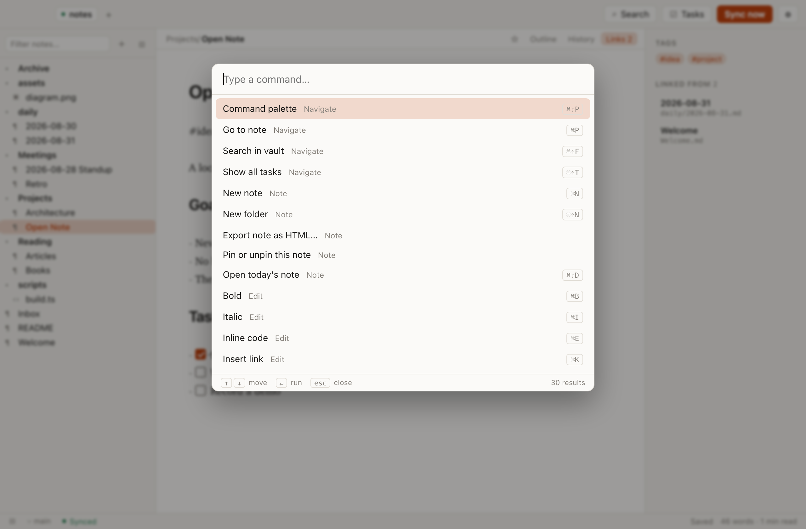 The command palette open over a note, listing commands with their keyboard shortcuts.