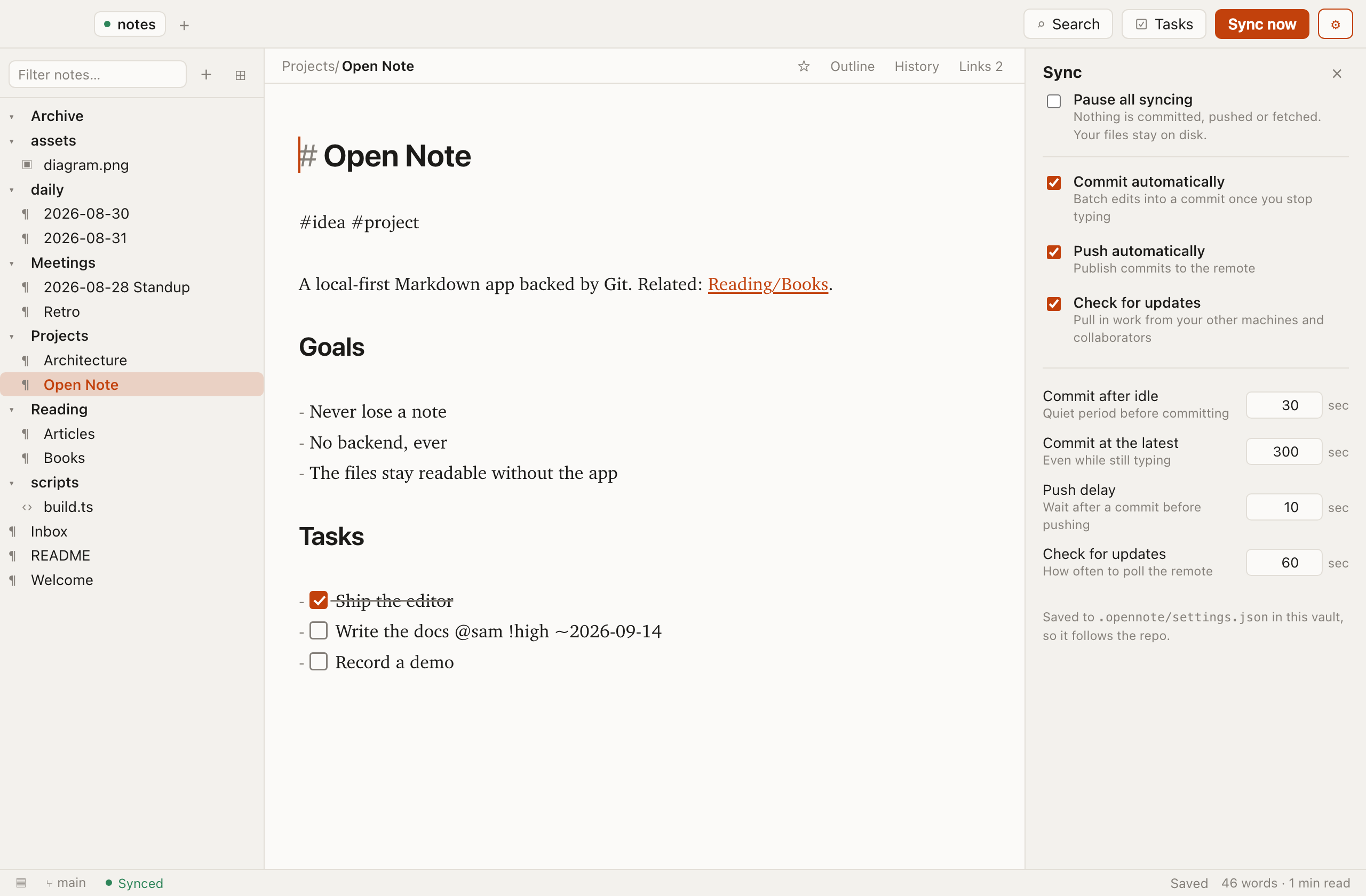 The sync settings panel, showing toggles and intervals for the commit, push and fetch loops.